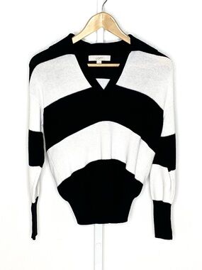 LOFT | Black & White Stripe Preppy Polo-Style Johnny Collar Cotton Sweater Sz XS
